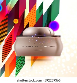 Cosmetics ads with hydrating facial cream mask bottle isolated on glitter particles background with geometric modern elements
