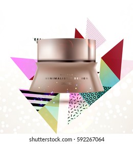 Cosmetics ads with hydrating facial cream mask bottle isolated on glitter particles background with geometric modern elements