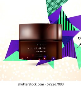 Cosmetics ads with hydrating facial cream mask bottle isolated on glitter particles background with geometric modern elements