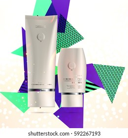 Cosmetics ads with hydrating facial cream mask bottle isolated on glitter particles background with geometric modern elements