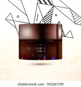 Cosmetics ads with hydrating facial cream mask bottle isolated on glitter particles background with geometric modern elements