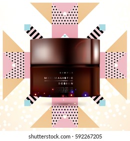 Cosmetics ads with hydrating facial cream mask bottle isolated on glitter particles background with geometric modern elements