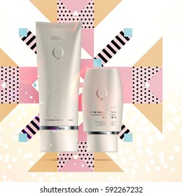 Cosmetics ads with hydrating facial cream mask bottle isolated on glitter particles background with geometric modern elements