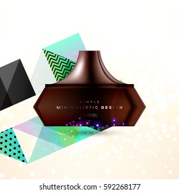 Cosmetics ads with hydrating facial cream mask bottle isolated on glitter particles background with geometric modern elements