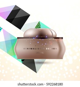 Cosmetics ads with hydrating facial cream mask bottle isolated on glitter particles background with geometric modern elements