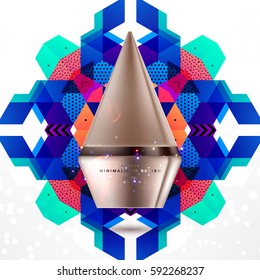 Cosmetics ads with hydrating facial cream mask bottle isolated on glitter particles background with geometric modern elements