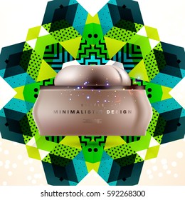 Cosmetics ads with hydrating facial cream mask bottle isolated on glitter particles background with geometric modern elements