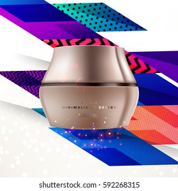 Cosmetics ads with hydrating facial cream mask bottle isolated on glitter particles background with geometric modern elements