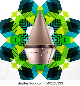 Cosmetics ads with hydrating facial cream mask bottle isolated on glitter particles background with geometric modern elements