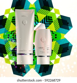 Cosmetics ads with hydrating facial cream mask bottle isolated on glitter particles background with geometric modern elements