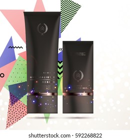Cosmetics ads with hydrating facial cream mask bottle isolated on glitter particles background with geometric modern elements