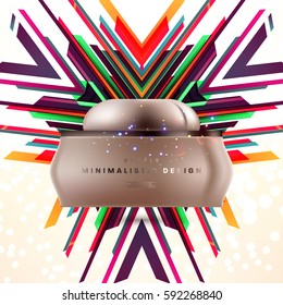 Cosmetics ads with hydrating facial cream mask bottle isolated on glitter particles background with geometric modern elements