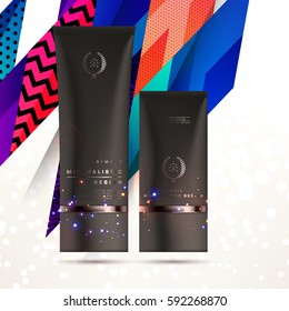 Cosmetics ads with hydrating facial cream mask bottle isolated on glitter particles background with geometric modern elements