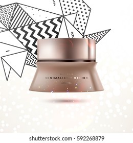 Cosmetics ads with hydrating facial cream mask bottle isolated on glitter particles background with geometric modern elements