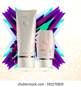 Cosmetics ads with hydrating facial cream mask bottle isolated on glitter particles background with geometric modern elements