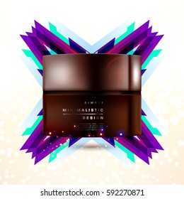 Cosmetics ads with hydrating facial cream mask bottle isolated on glitter particles background with geometric modern elements