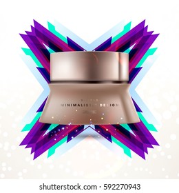 Cosmetics ads with hydrating facial cream mask bottle isolated on glitter particles background with geometric modern elements