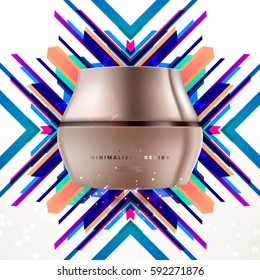 Cosmetics ads with hydrating facial cream mask bottle isolated on glitter particles background with geometric modern elements