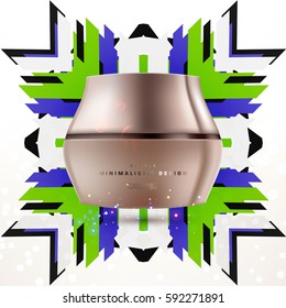 Cosmetics ads with hydrating facial cream mask bottle isolated on glitter particles background with geometric modern elements