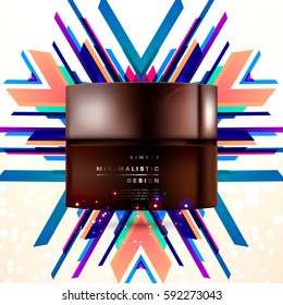 Cosmetics ads with hydrating facial cream mask bottle isolated on glitter particles background with geometric modern elements