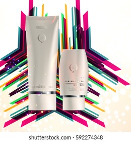 Cosmetics ads with hydrating facial cream mask bottle isolated on glitter particles background with geometric modern elements