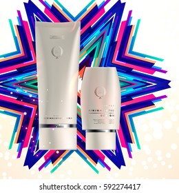Cosmetics ads with hydrating facial cream mask bottle isolated on glitter particles background with geometric modern elements