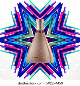 Cosmetics ads with hydrating facial cream mask bottle isolated on glitter particles background with geometric modern elements