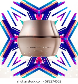 Cosmetics ads with hydrating facial cream mask bottle isolated on glitter particles background with geometric modern elements