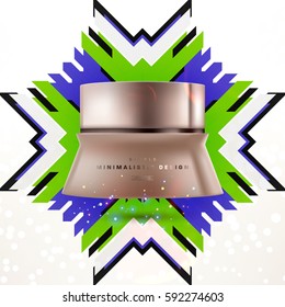 Cosmetics ads with hydrating facial cream mask bottle isolated on glitter particles background with geometric modern elements