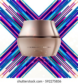 Cosmetics ads with hydrating facial cream mask bottle isolated on glitter particles background with geometric modern elements