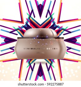 Cosmetics ads with hydrating facial cream mask bottle isolated on glitter particles background with geometric modern elements
