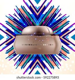 Cosmetics ads with hydrating facial cream mask bottle isolated on glitter particles background with geometric modern elements