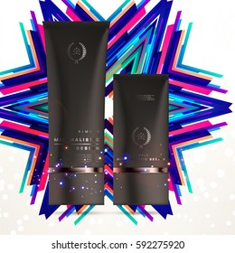 Cosmetics ads with hydrating facial cream mask bottle isolated on glitter particles background with geometric modern elements