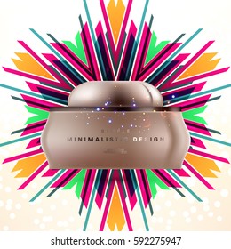 Cosmetics ads with hydrating facial cream mask bottle isolated on glitter particles background with geometric modern elements