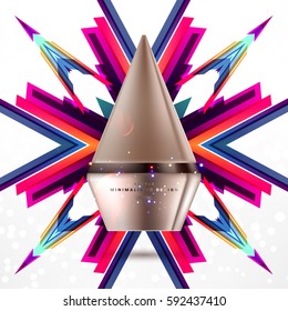 Cosmetics ads with hydrating facial cream mask bottle isolated on glitter particles background with geometric modern elements