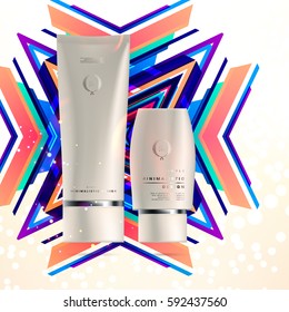 Cosmetics ads with hydrating facial cream mask bottle isolated on glitter particles background with geometric modern elements