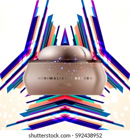 Cosmetics ads with hydrating facial cream mask bottle isolated on glitter particles background with geometric modern elements