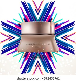 Cosmetics ads with hydrating facial cream mask bottle isolated on glitter particles background with geometric modern elements