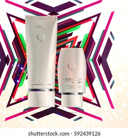 Cosmetics ads with hydrating facial cream mask bottle isolated on glitter particles background with geometric modern elements