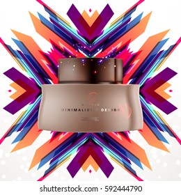 Cosmetics ads with hydrating facial cream mask bottle isolated on glitter particles background with geometric modern elements