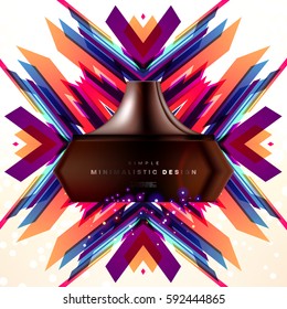 Cosmetics ads with hydrating facial cream mask bottle isolated on glitter particles background with geometric modern elements