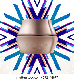 Cosmetics ads with hydrating facial cream mask bottle isolated on glitter particles background with geometric modern elements