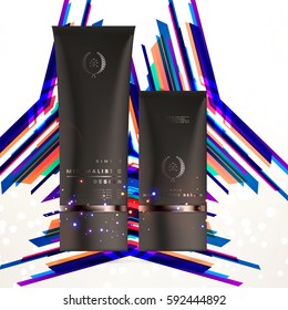 Cosmetics ads with hydrating facial cream mask bottle isolated on glitter particles background with geometric modern elements