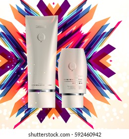 Cosmetics ads with hydrating facial cream mask bottle isolated on glitter particles background with geometric modern elements