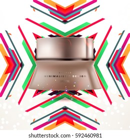Cosmetics ads with hydrating facial cream mask bottle isolated on glitter particles background with geometric modern elements