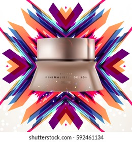 Cosmetics ads with hydrating facial cream mask bottle isolated on glitter particles background with geometric modern elements