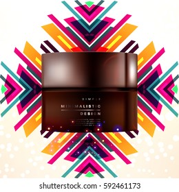 Cosmetics ads with hydrating facial cream mask bottle isolated on glitter particles background with geometric modern elements