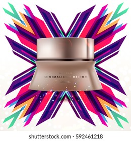 Cosmetics ads with hydrating facial cream mask bottle isolated on glitter particles background with geometric modern elements