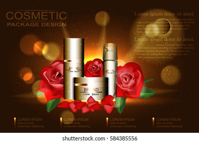 Cosmetics ads template, empty cosmetic layout with red roses and petals on the background. Vector illustration.