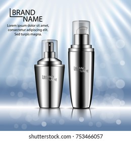 Cosmetics ads template poster with aluminium metallic spray bottles on blue background. Vector 3d illustration for design  placard, presentation, banners and cover.